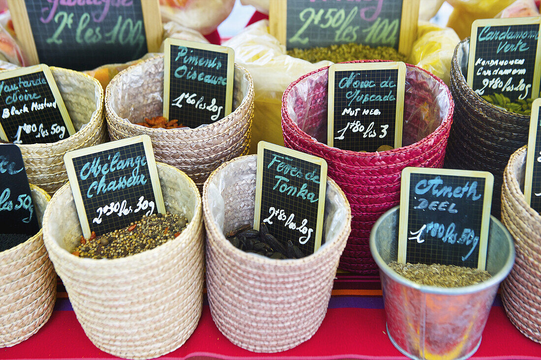 Grains, Seeds And Condiments For Sale With Small Price Signs In Cups; Cite, France