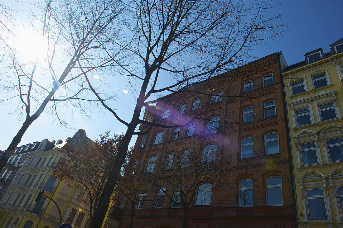 Wohngebäude unter blauem Himmel mit Sonnenlicht, das über blattlose Bäume fällt; Hamburg, Deutschland