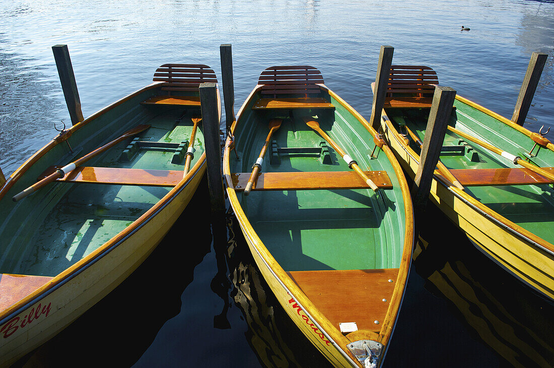 Wooden Rowboats Moored On A Canal; Hamburg, Germany