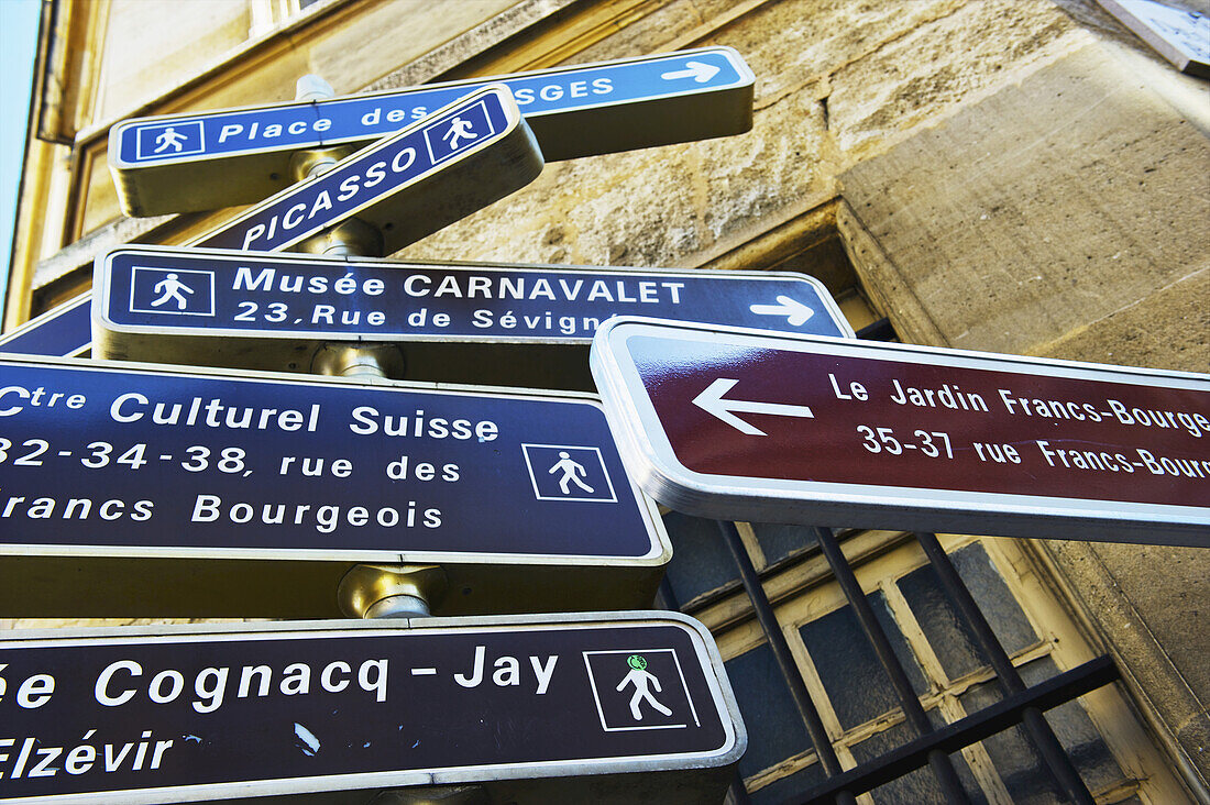 Destination Signs In The Historical District Of Marais; Paris, France