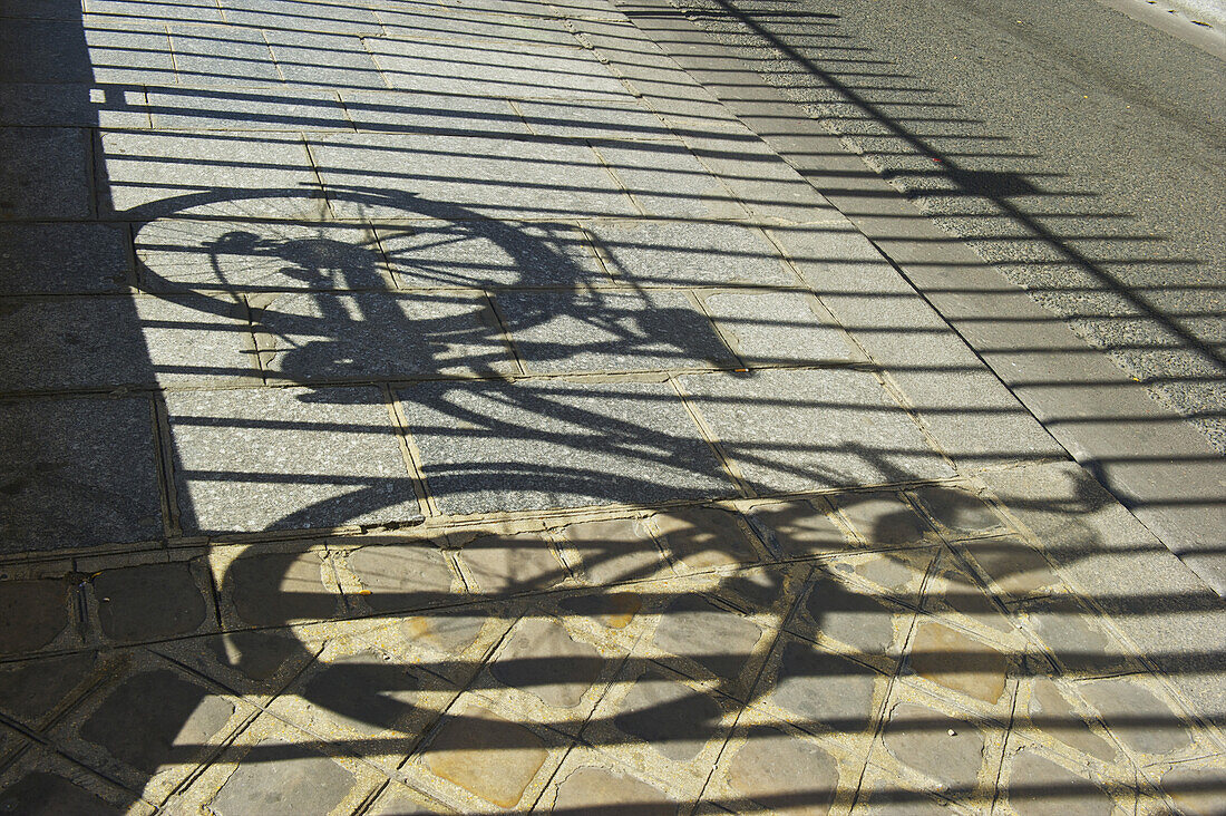 Shadow Of A Bicycle And Fence Along A Walkway, Marais District; Paris, France