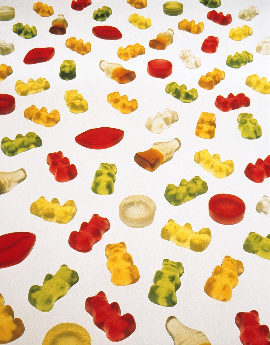Many gummi bears and other fruit jelly figures