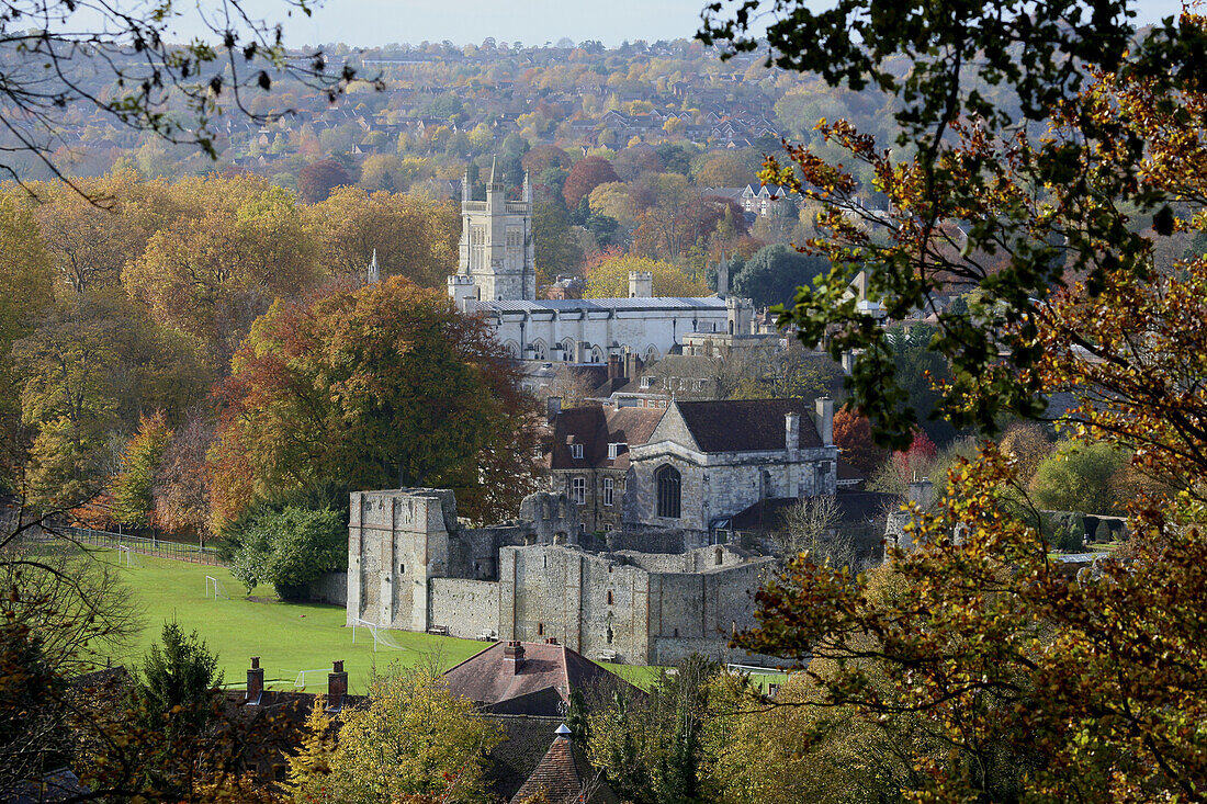View Of Winchester College And The Ruins Of Wolvesey Castle From St. Gile's Hill; Winchester, Hampshire, England