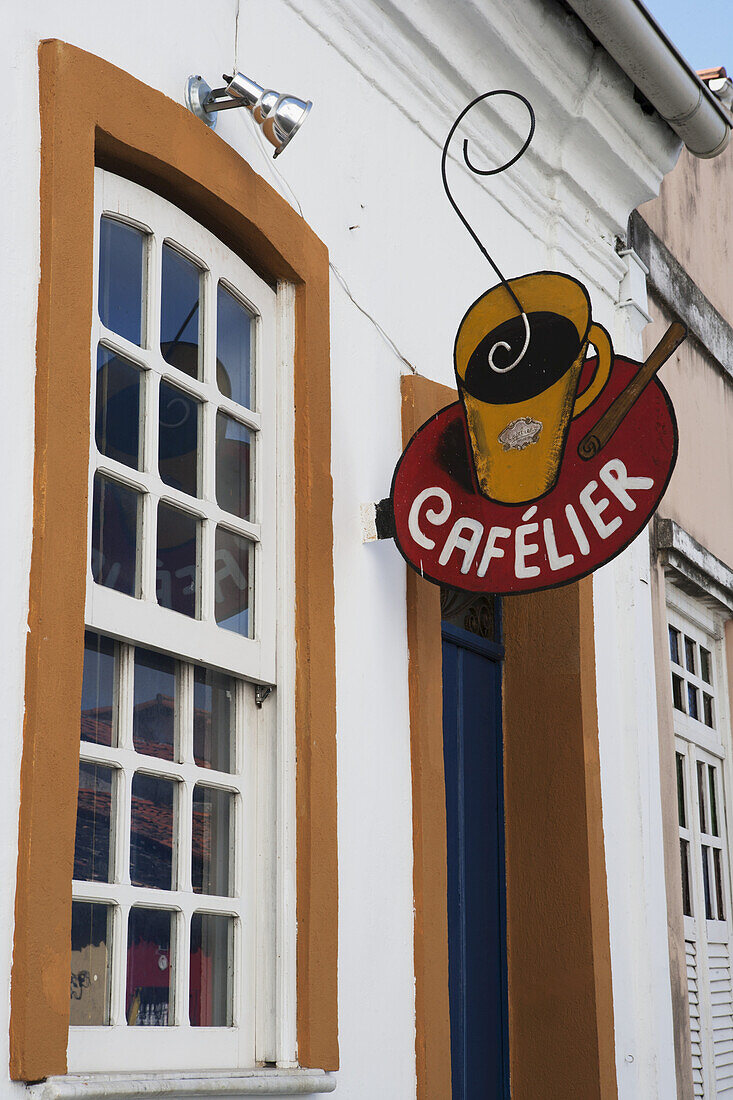 Coffee Sign Outside A Cafe In The Historic Pelourinho District; Salvador, Bahia, Brazil