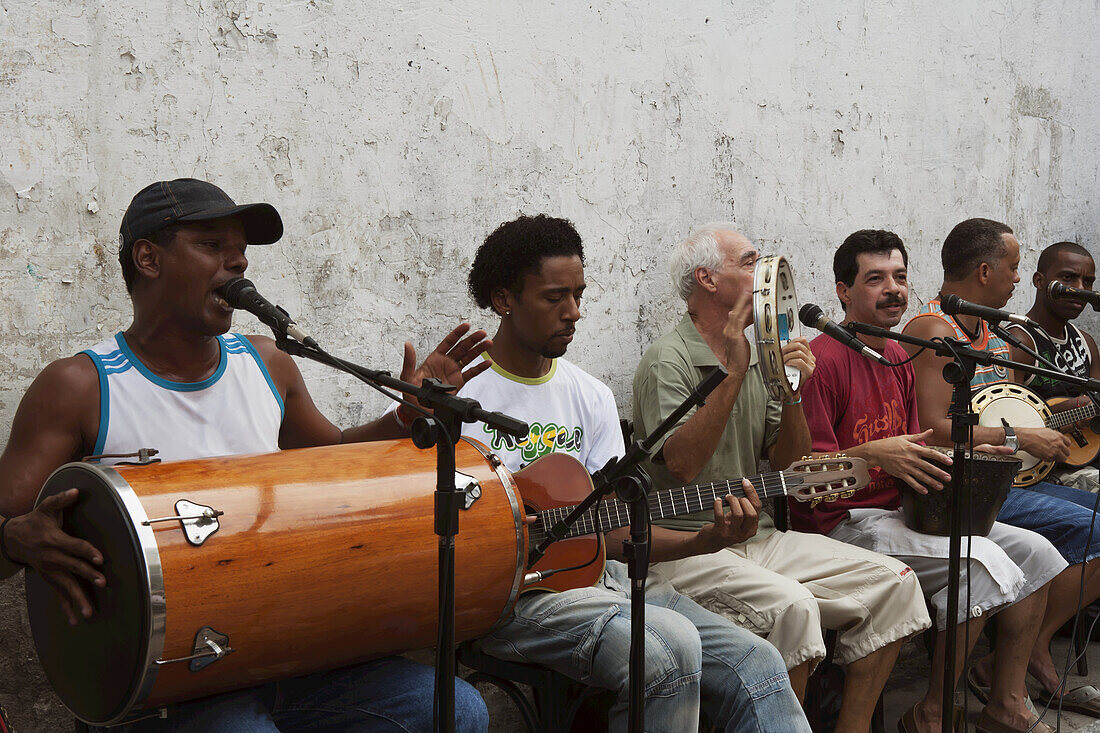 A Band Playing Outside A Bar At The Monthly Antiques Fair On Rua Do Lavradio, Lapa; Rio De Janeiro, Brazil
