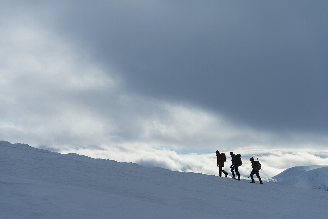 Drei Wanderer auf verschneitem Winterspaziergang beim Aufstieg zum Geal Charn, in der Nähe von Laggan; Schottland.