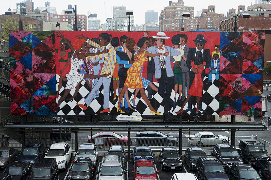 Colourful Artwork Depicting Dancers With A Skyline In The Background And Parking Lot In The Foreground; New York City, New York, United States Of America