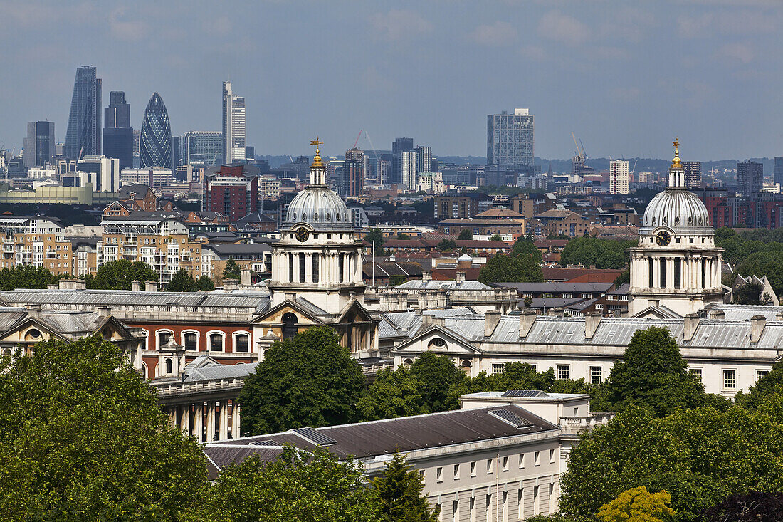 Elevated View Across The City Of London And Old Royal Naval College From Greenwich Park; London, England