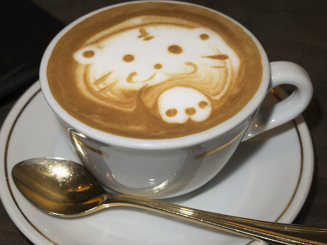 Nahaufnahme eines Cappuccinos mit niedlichem Bärendesign in der Schaumstoffschicht; Kyoto, Japan