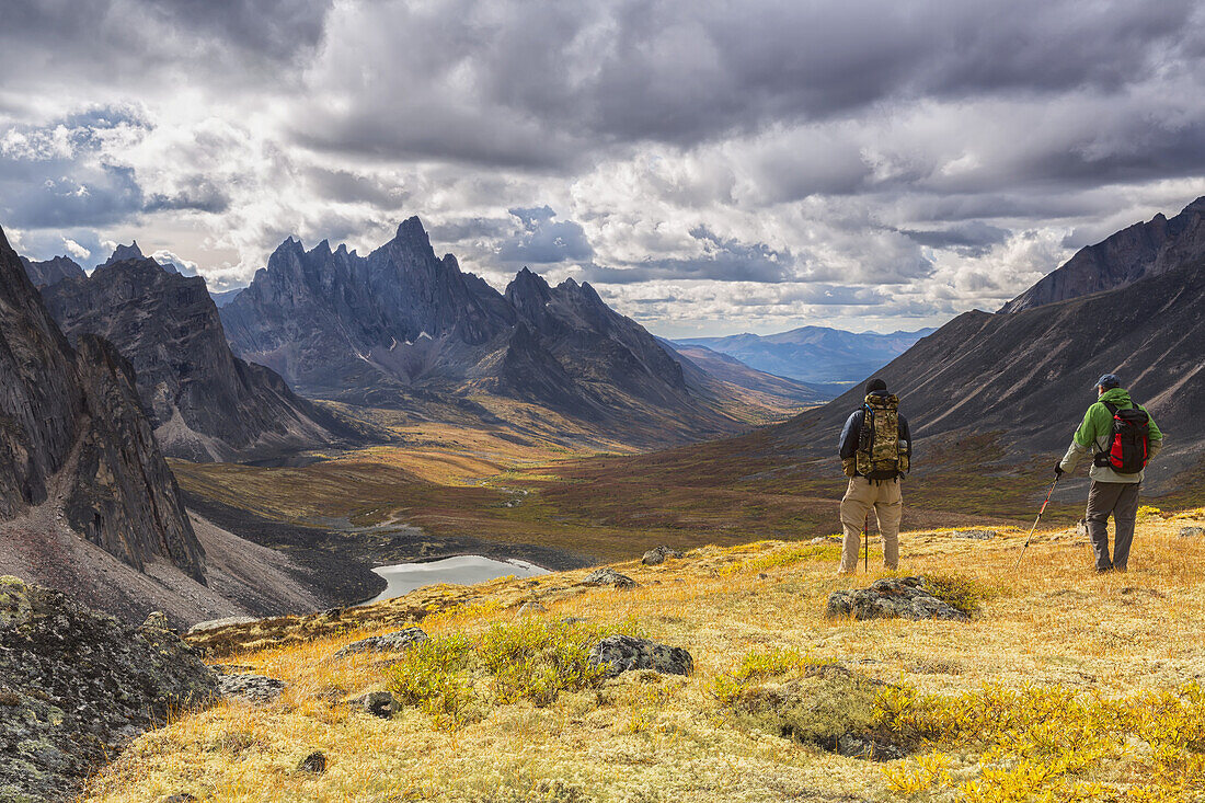 Wanderer auf einem Aussichtspunkt mit Blick auf die schönen Herbstfarben im Tombstone Territorial Park, mit dem Tombstone Mountain in der Ferne; Yukon, Kanada