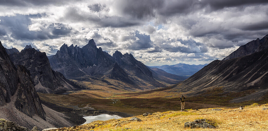 Wanderer steht auf einem Aussichtspunkt und fotografiert die bunten Täler im Tombstone Territorial Park im Herbst; Yukon, Kanada