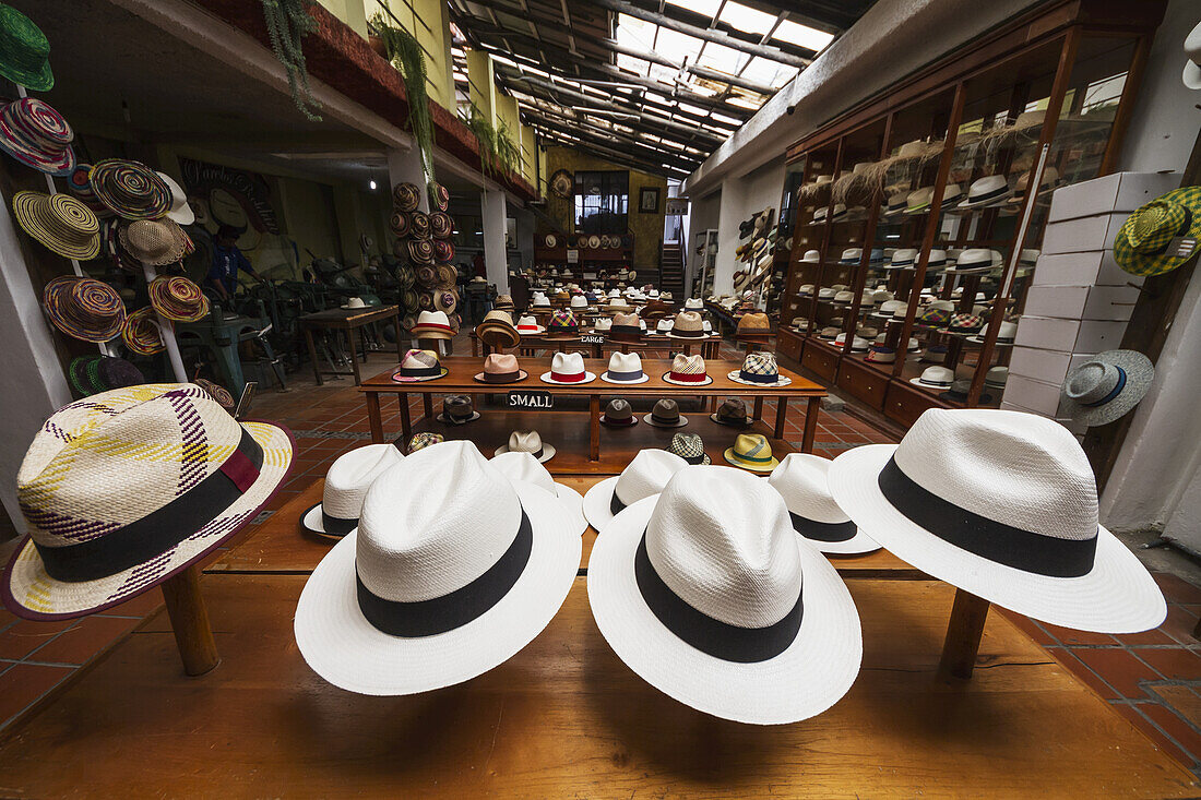 Panama Hats For Sale In The Showroom Of The Barranco Panama Hat Factory, Cuenca, Azuay, Ecuador