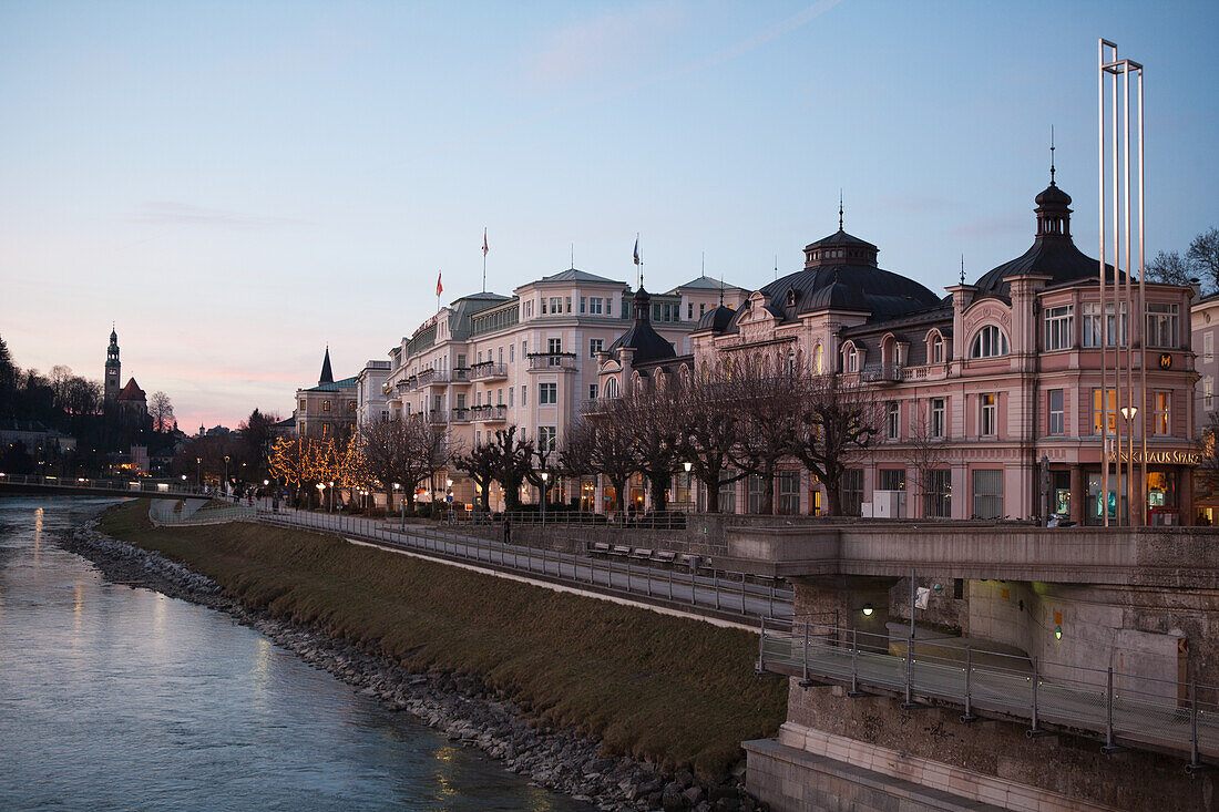 The Historic Centre Seen From The Salzach River At Dusk; Salzburg, Austria