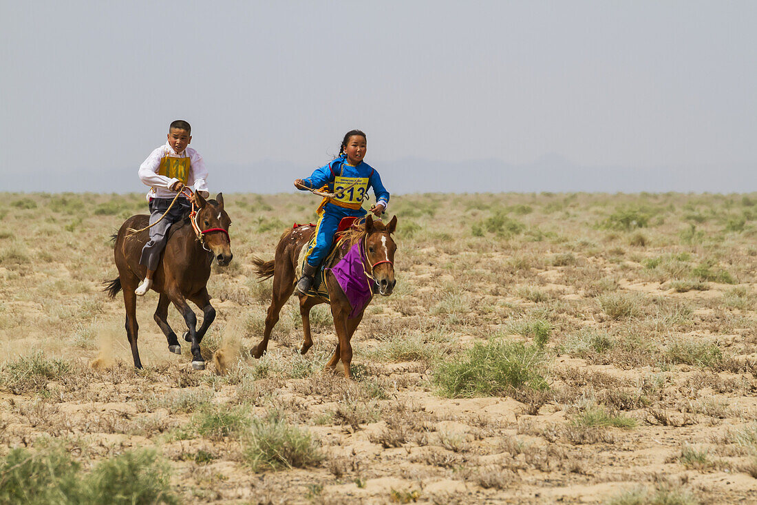 Boy And Girl Riding Horses In The Daaga (Two-Year Old) Horse Race Held During The Naadam Festival In Mandal Ovoo, Ã–mnÃ¶govi Province, Mongolia