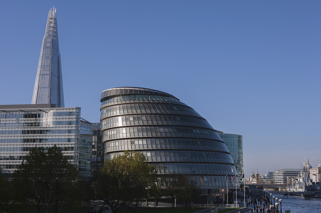 The Shard Skyscraper And The London City Hall, Home To The Greater London Authority, Including The Mayor Of London And The London Assembly, With The River Thames Next To It; London, England