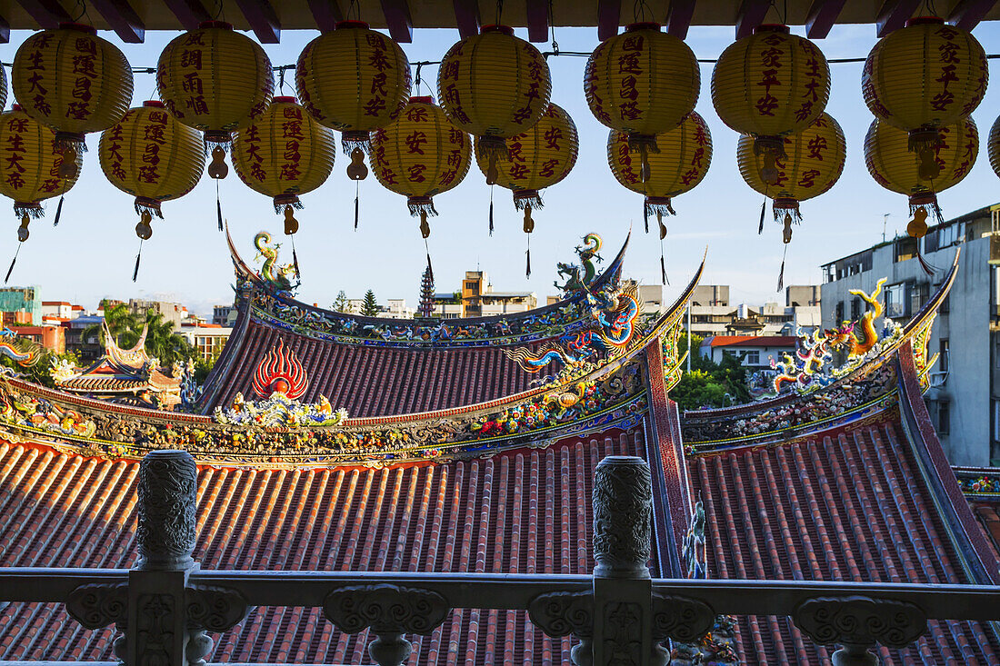 Paper Lanterns And Roofs Of The Dalongdong Baoan Temple; Taipei, Taiwan
