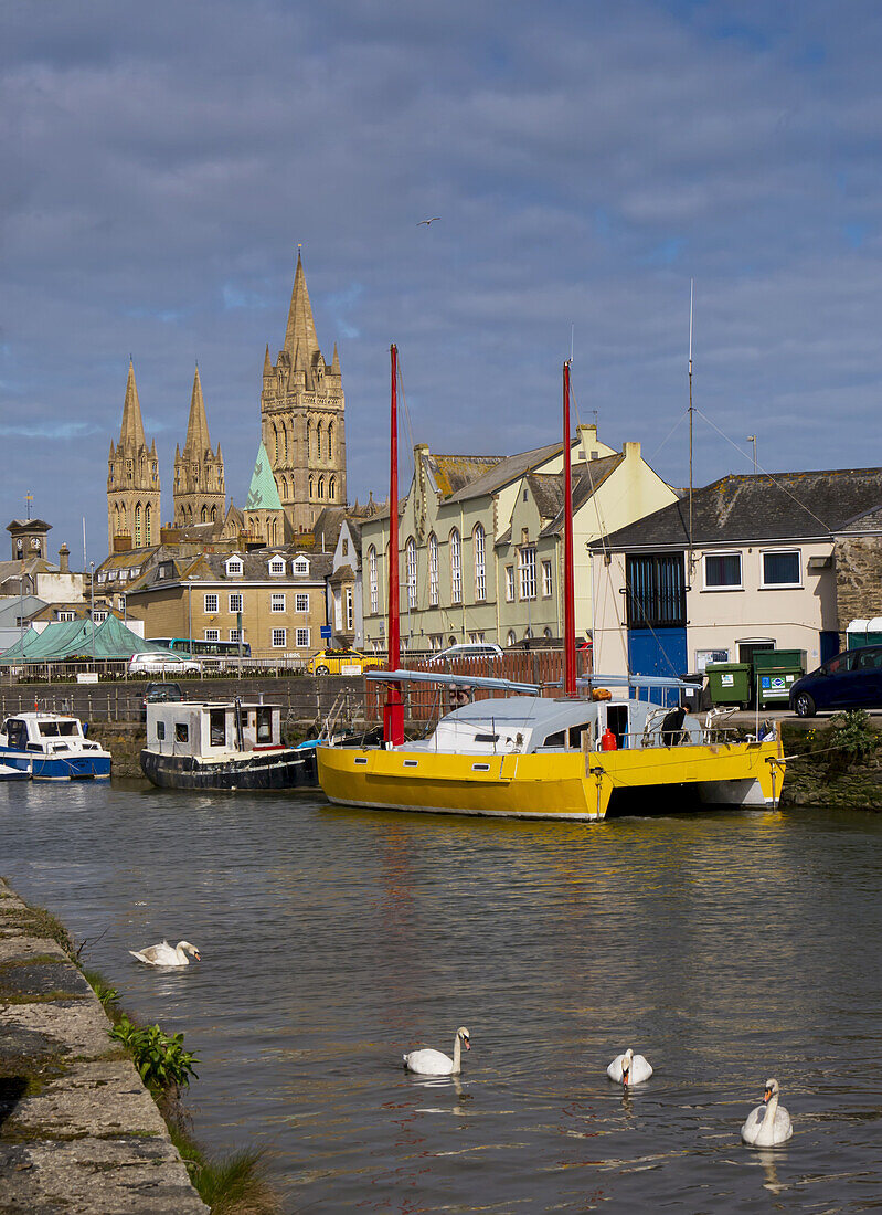 Truro Cathedral And Boats In The Water; Cornwall, England