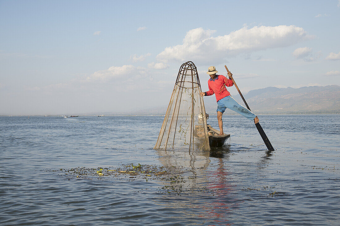 Traditional Leg Paddling Fisherman On Inle Lake; Myanmar