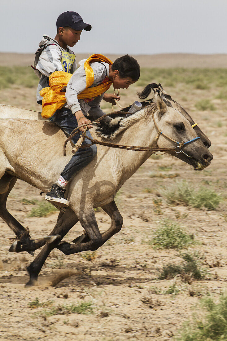 Jungen reiten auf Pferden beim Daaga-Pferderennen (Zweijährige) während des Naadam-Festivals in Mandal Ovoo, vEmnv?govi-Provinz, Mongolei