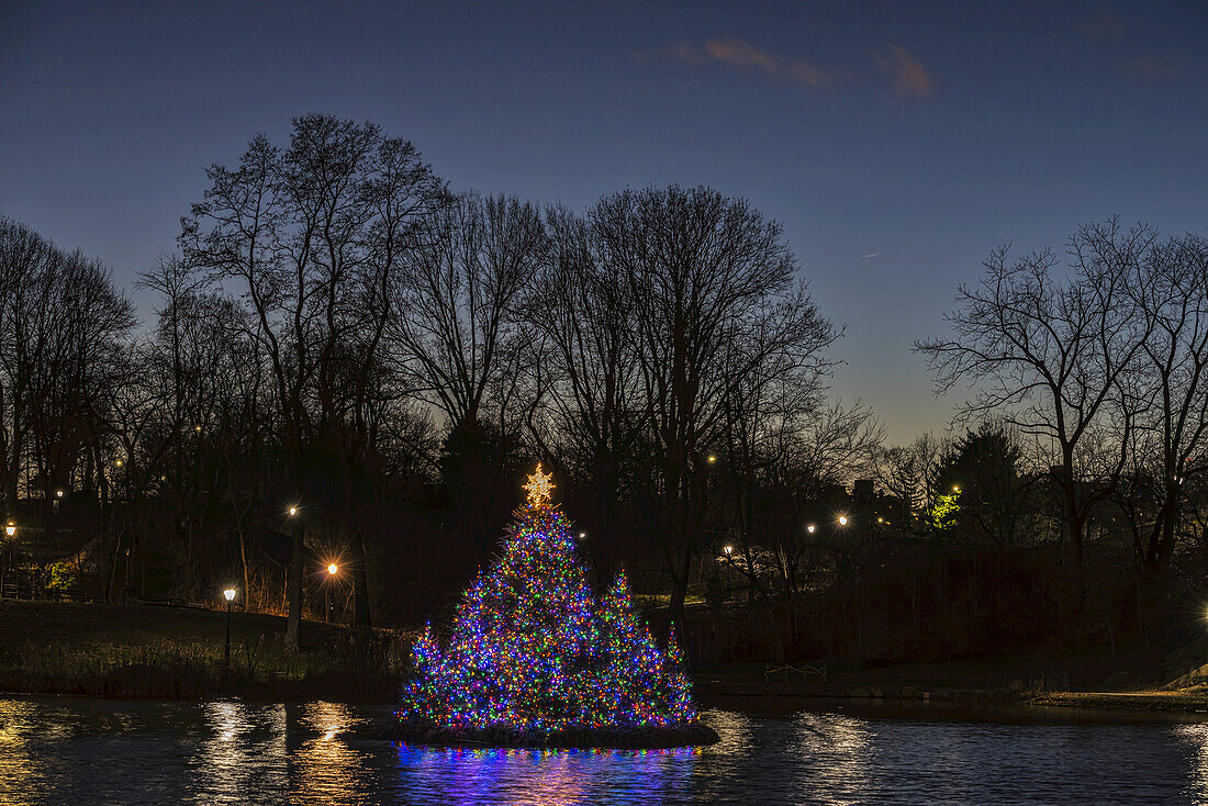 Floating Christmas Tree Displayed At Dusk, Harlem Meer, Central Park; New York City, New York, United States Of America