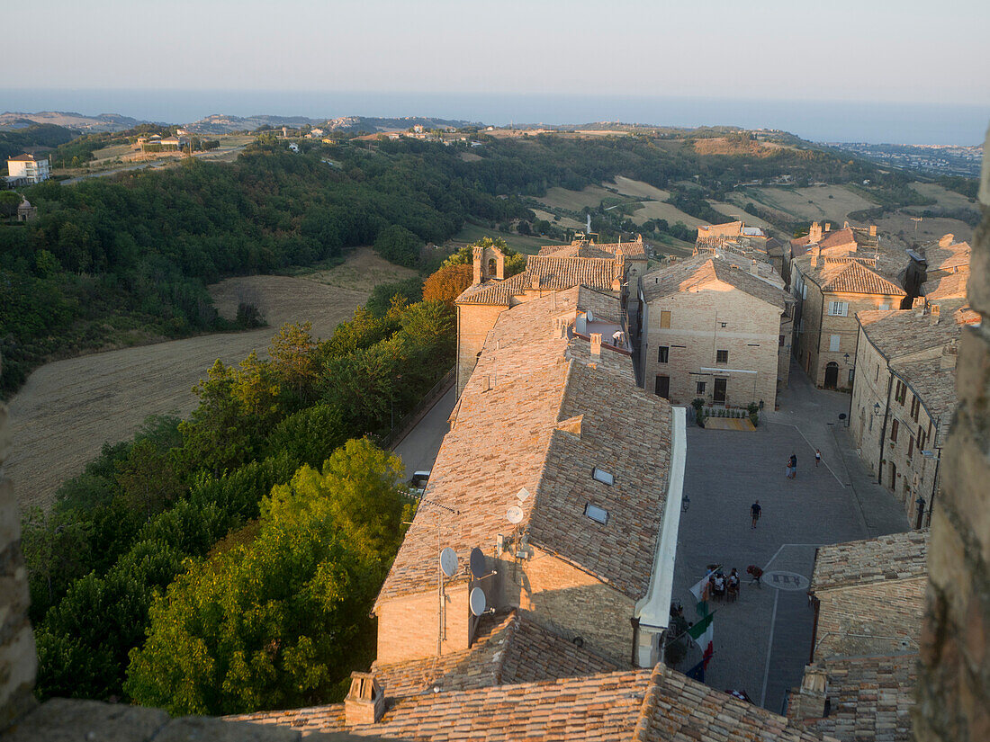 View of Castle Square and the Aso Valley from the heptagonal medieval tower; Moresco, Marche region, Italy