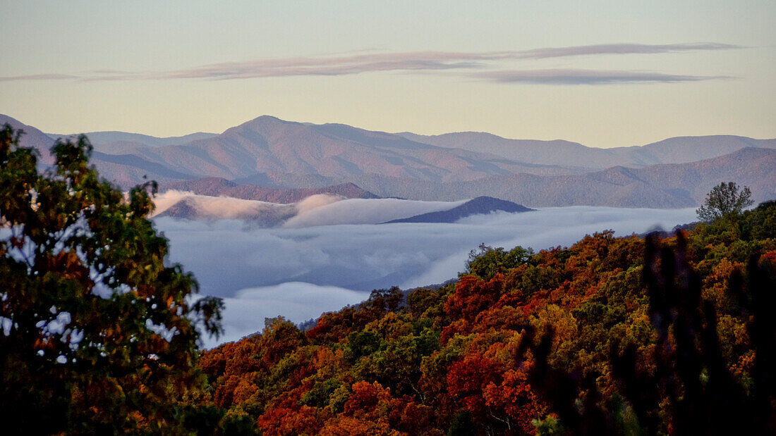 Herbstszene mit Wolken in den Tälern der Blue Ridge Mountains mit dem markanten Gipfel des Cold Mountain bei Fairview; North Carolina, Vereinigte Staaten von Amerika.