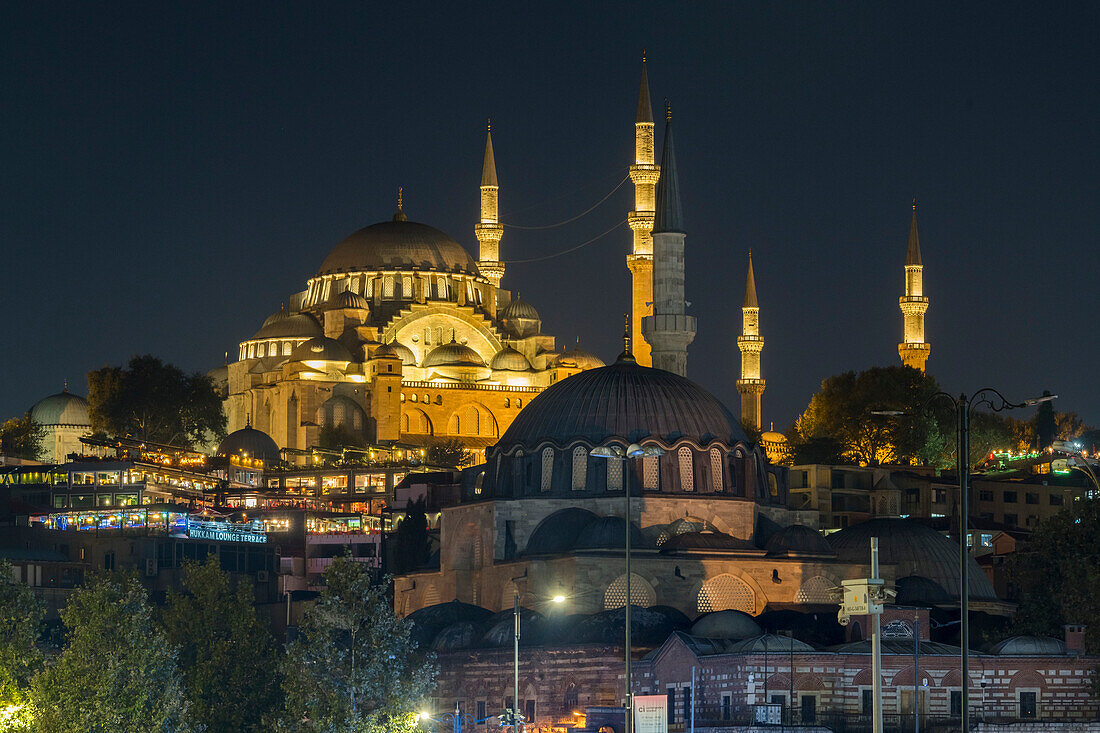 Suleymaniye Mosque illuminated at night; Istanbul, Turkey