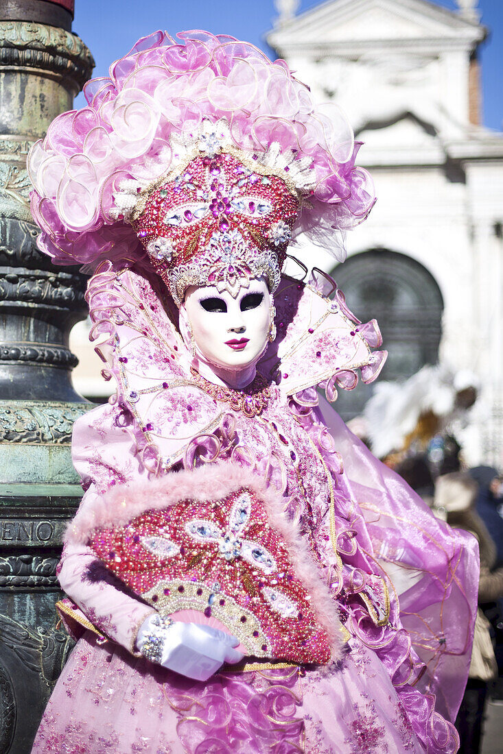 A Woman In A Glamorous Pink Costume; Venice, Italy