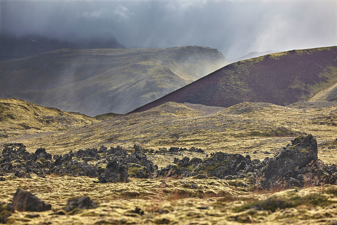 Regen fällt über das Berserkjahraun-Lavafeld auf der Halbinsel Snaefellsnes, Westisland; Island