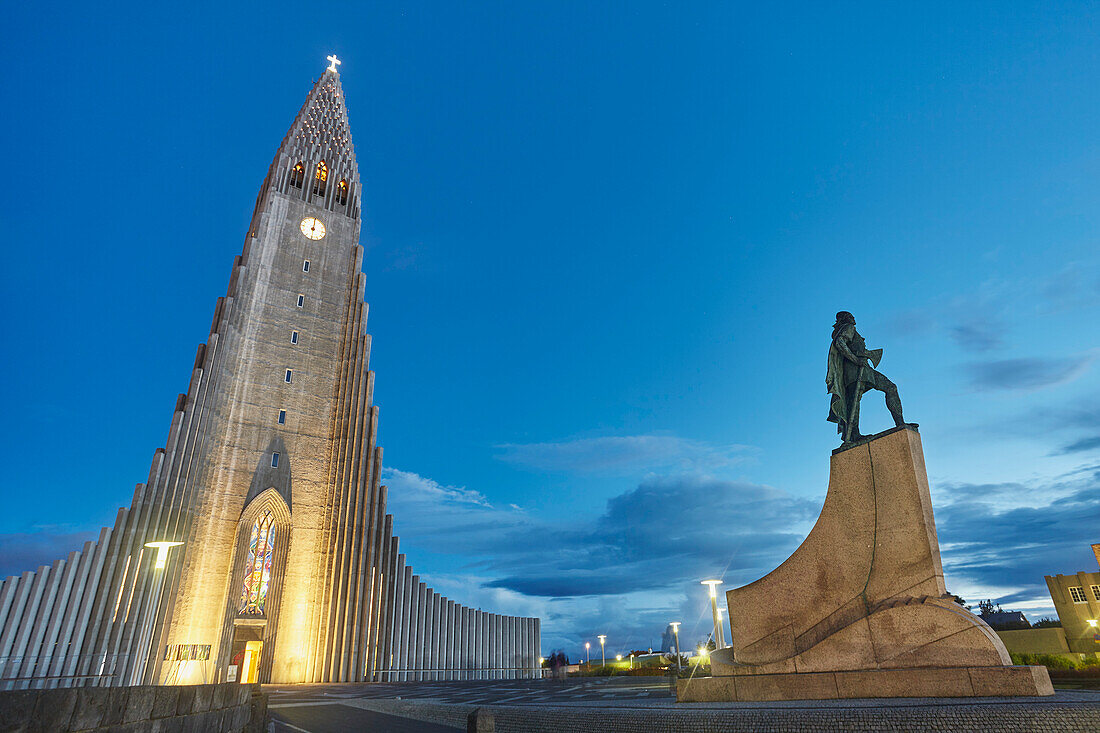 Hallgrimskirkja Church at dusk; Reykjavik, Iceland