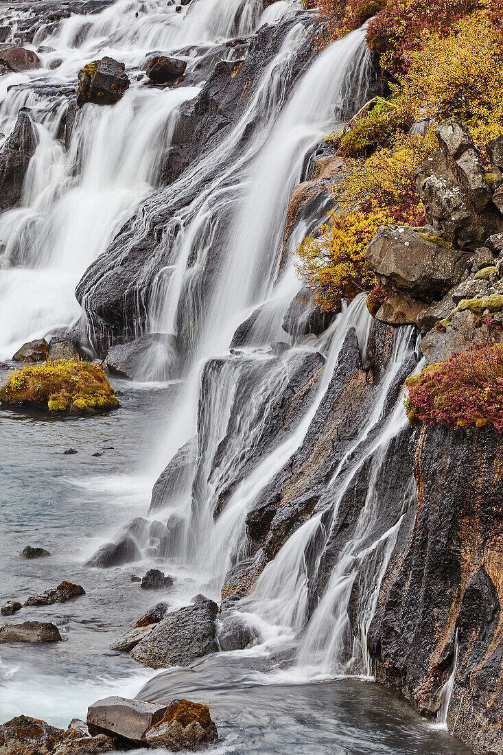 Hraunfosser Falls and the Hvita River, near Reykholt, west Iceland; Iceland