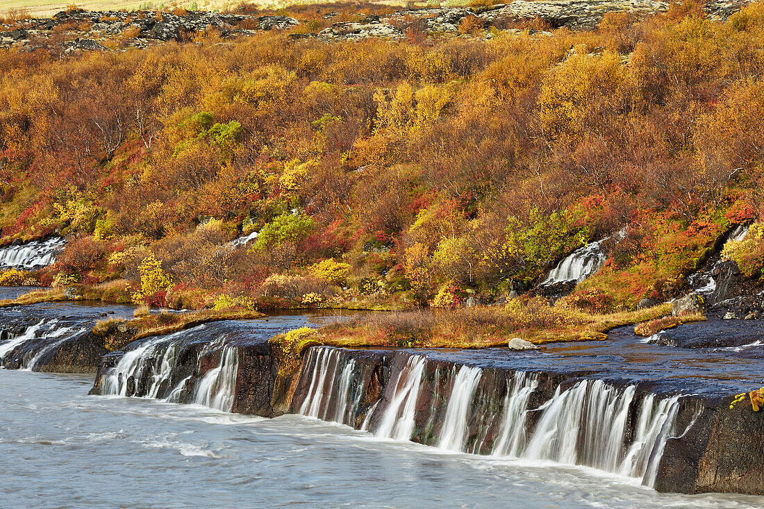 Hraunfosser Falls and the Hvita River, near Reykholt, west Iceland; Iceland