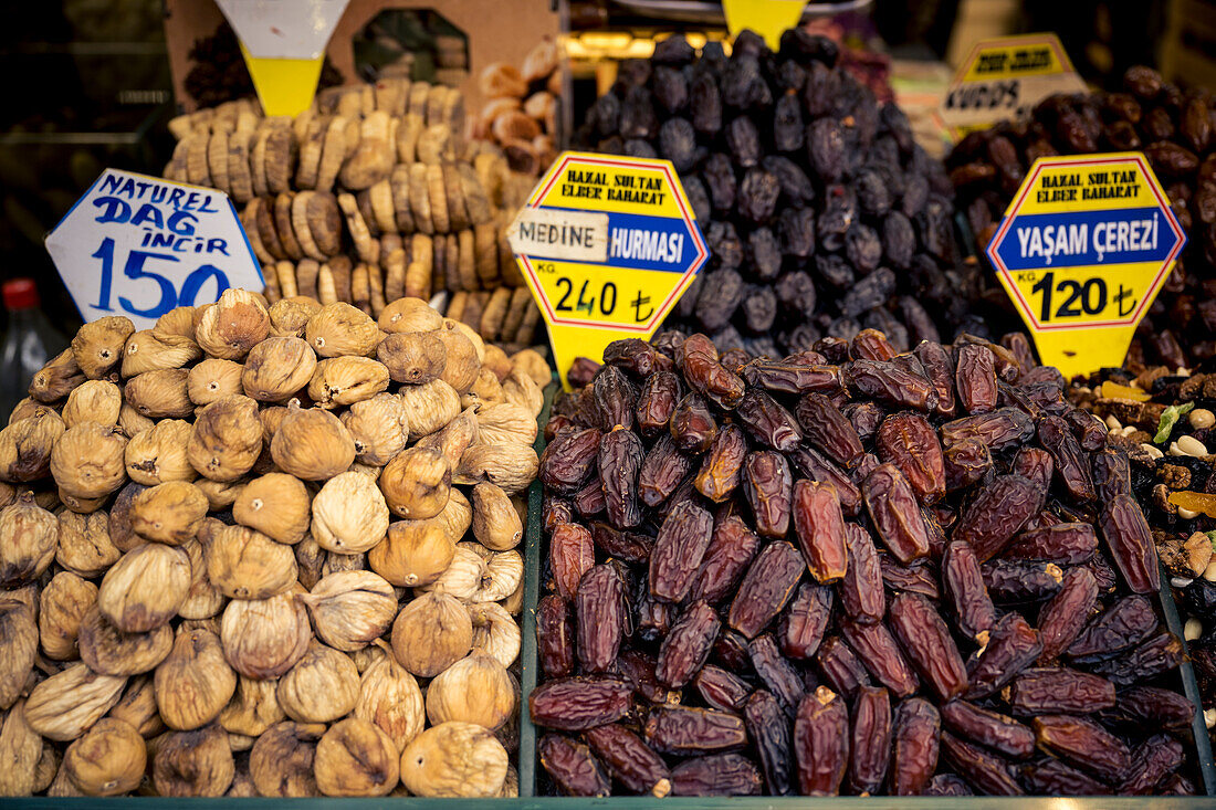 Dried figs and nuts for sale at the Spice Market in the Fatih district of Istanbul; Istanbul, Turkey