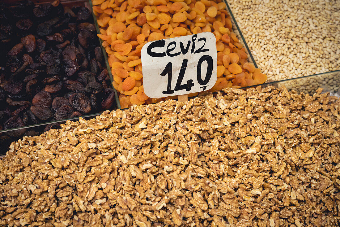 Dried fruits and nuts for sale at the Spice Market in the Fatih district of Istanbul; Istanbul, Turkey