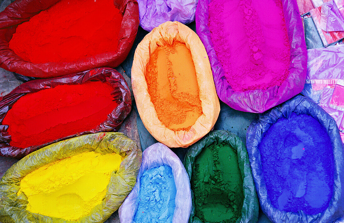Colorful dyes for sale on the streets of Kathmandu; Kathmandu, Nepal