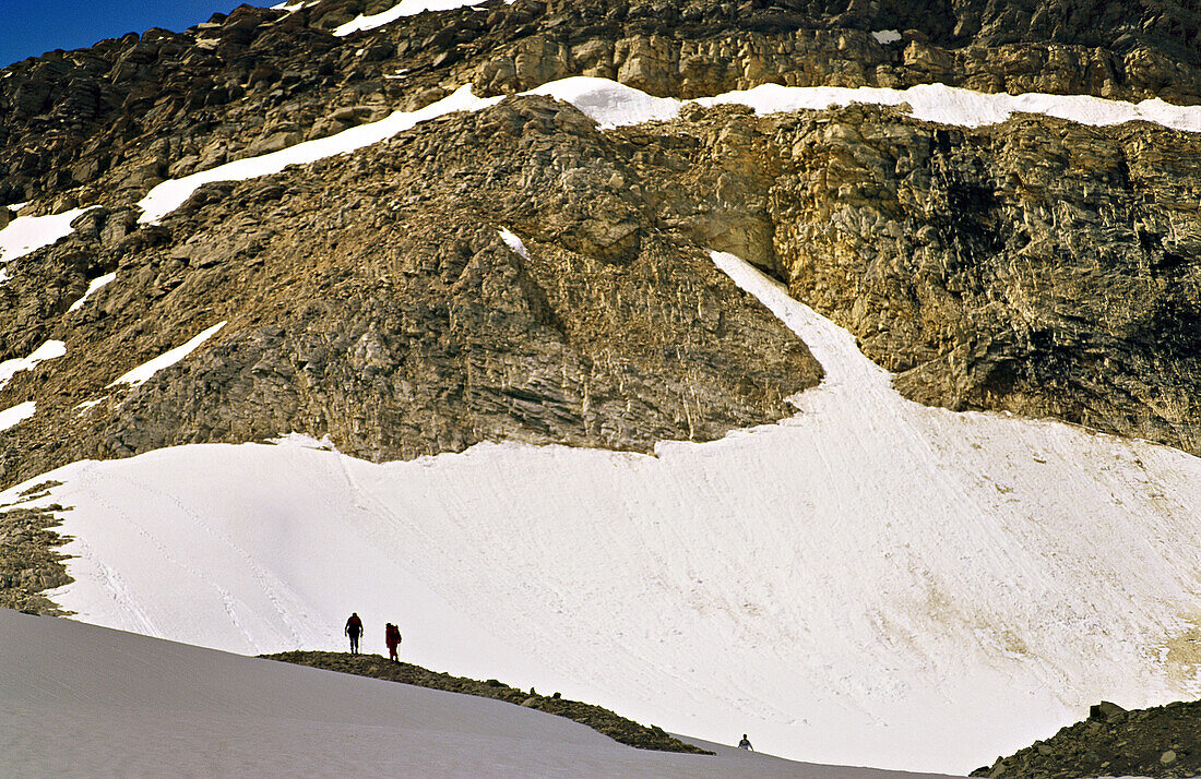 Hikers trek through the snow-covered mountains of Yoho National Park, BC, Canada; British Columbia, Canada