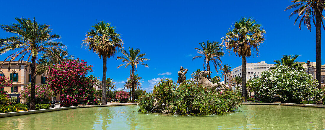 Triton Fountain on Victor Emmanuel Square in Trapani City; Trapani, Sicily, Italy