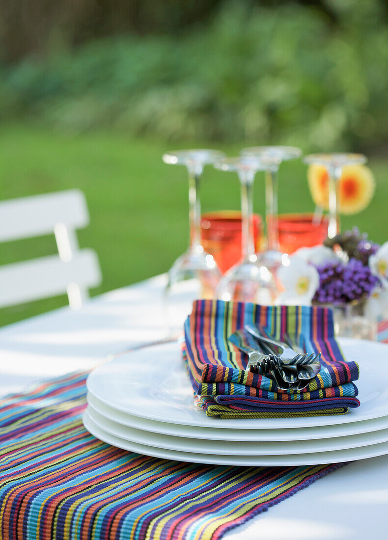 Close up of tableware on a garden table