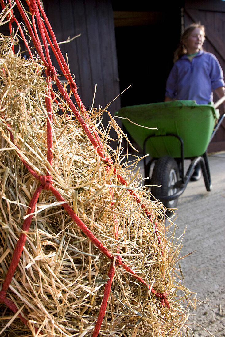 Close up of a net bag filled with hay and young girl pushing a wheelbarrow