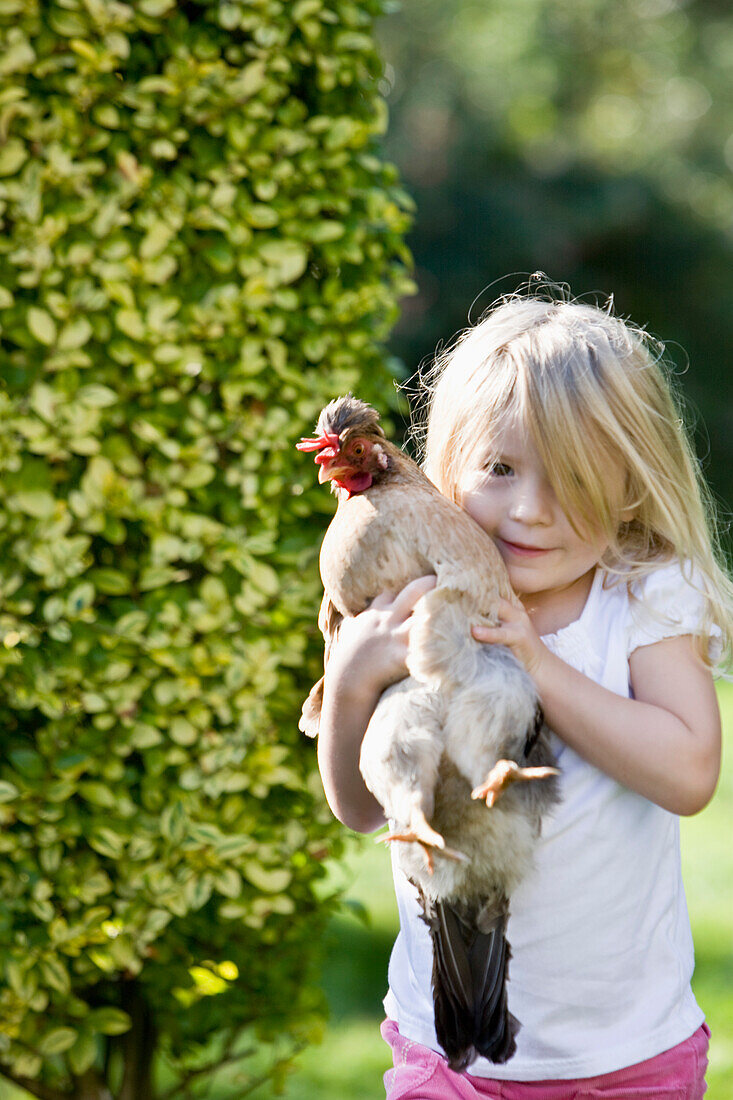 Young girl holding a chicken in her arms