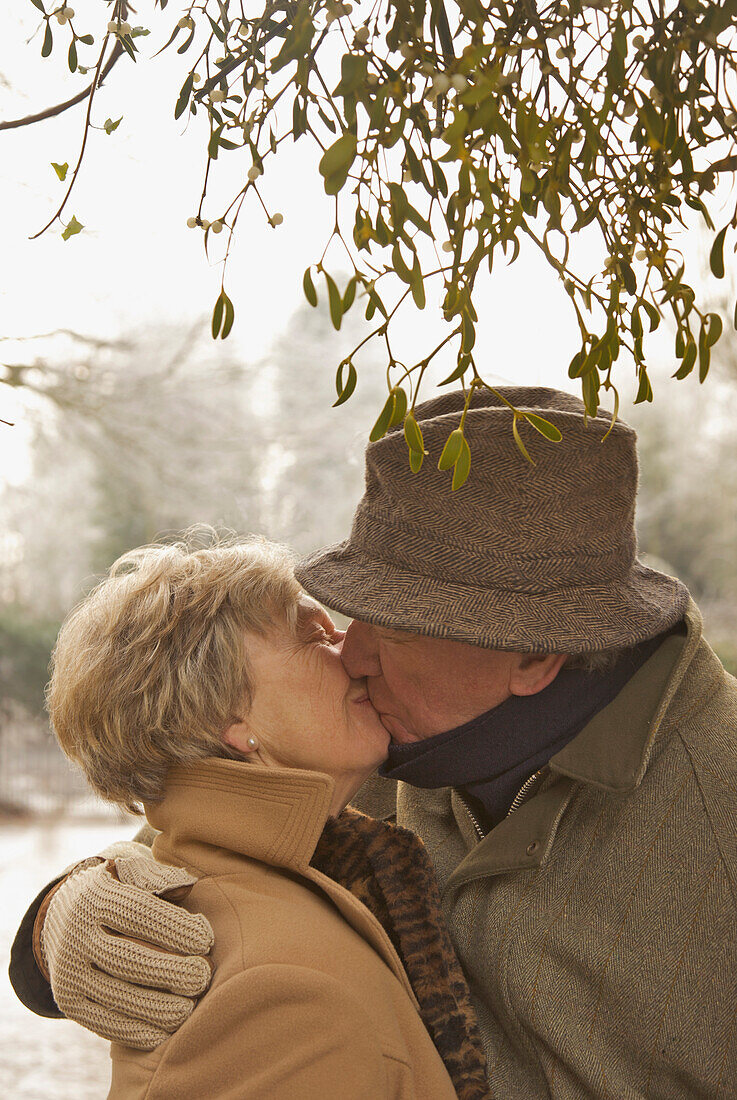 Mature couple standing under a tree kissing