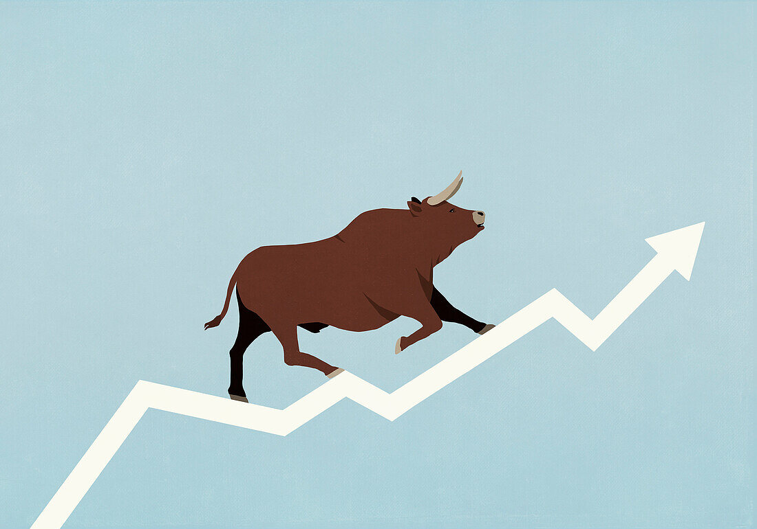 Bull walking along ascending stock market arrow on blue background