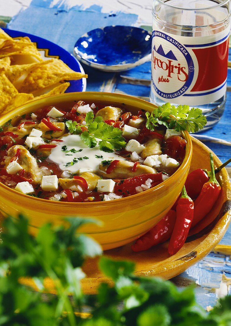Mexican chicken stew with sheep's cheese & chili peppers