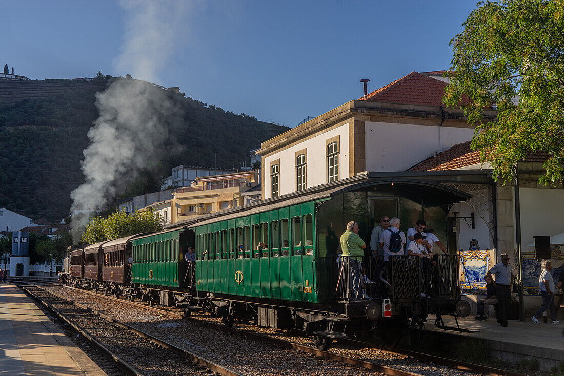 Visitors on a steam train to the Port wine vineyards and wineries in the Douro Valley region in Pinhao, Porto, Portugal, Europe
