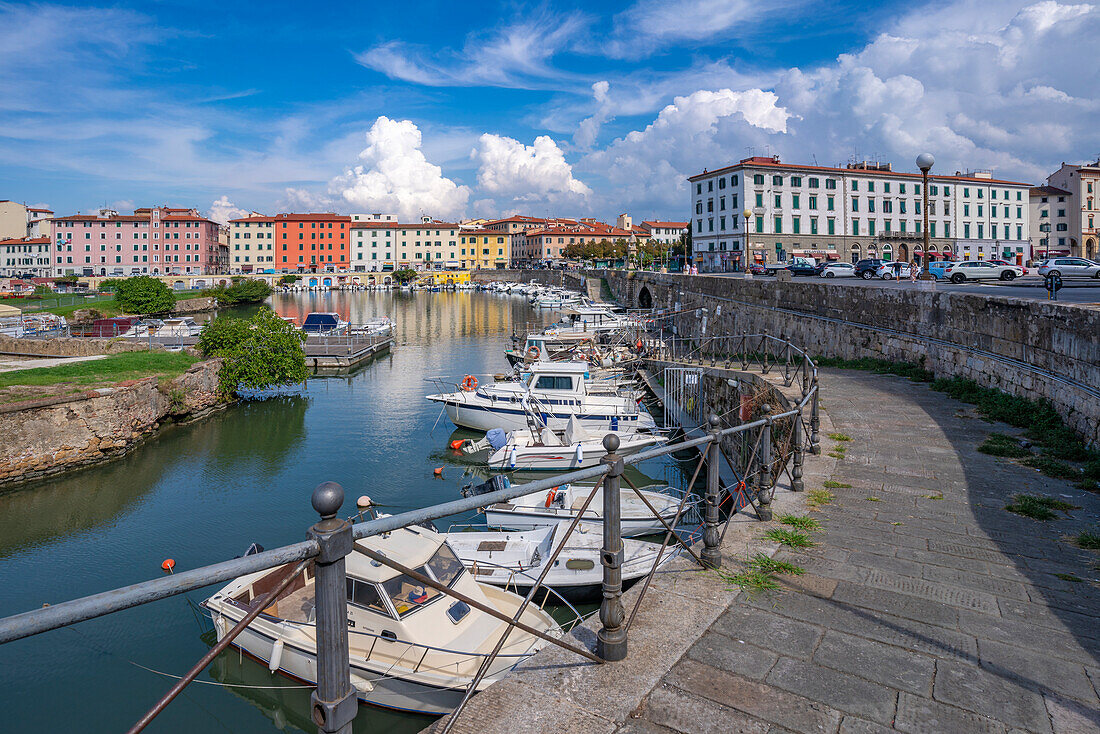 View of colourful buildings and canal, Livorno, Province of Livorno, Tuscany, Italy, Europe