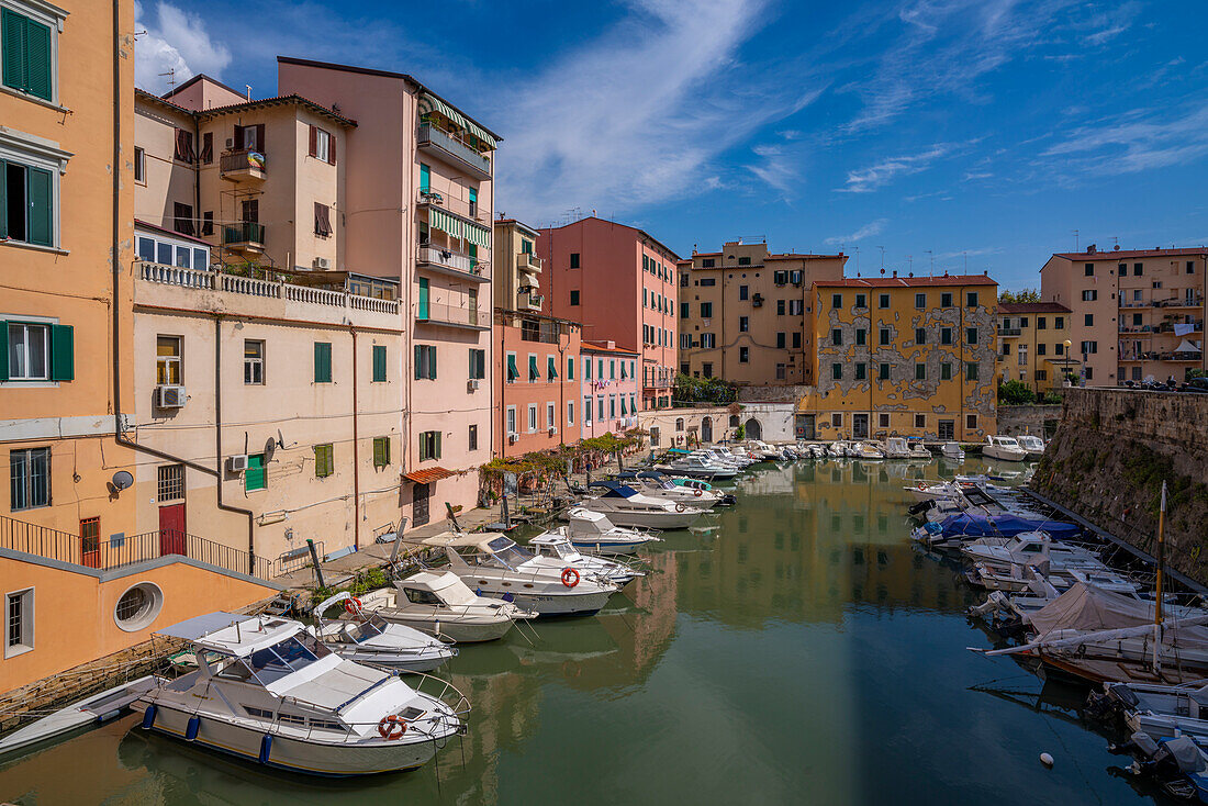 View of colourful buildings and canal, Livorno, Province of Livorno, Tuscany, Italy, Europe