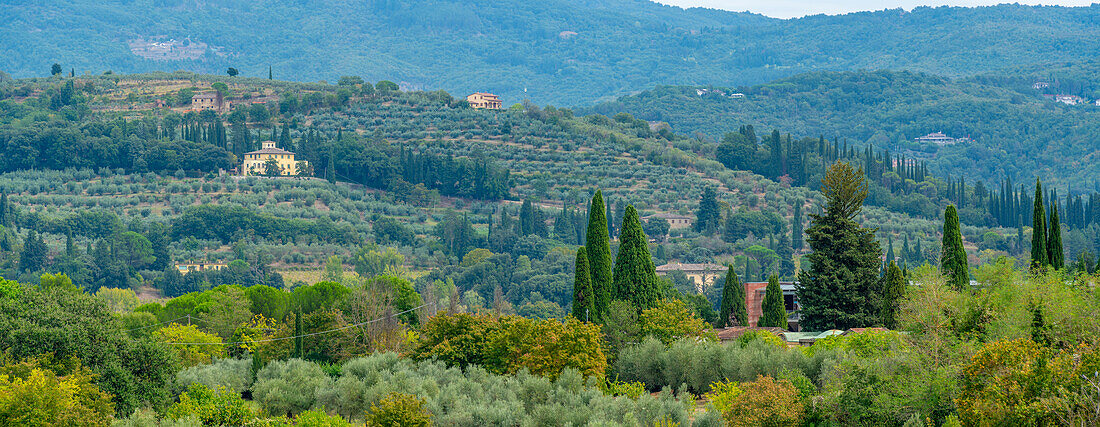 Blick auf die toskanische Landschaft vom Passeggio del Prato, Arezzo, Provinz Arezzo, Toskana, Italien, Europa