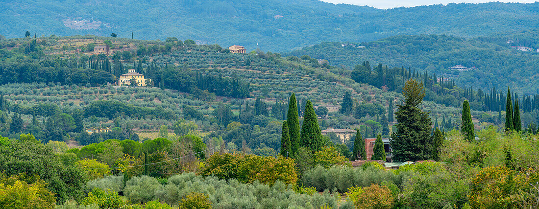 View of Tuscan landscape from Passeggio del Prato, Arezzo, Province of Arezzo, Tuscany, Italy, Europe
