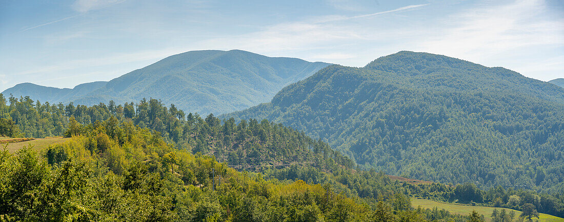 Blick auf Wald und Landschaft bei Pennabilli, Provinz San Rimini, Emilia-Romagna, Italien, Europa