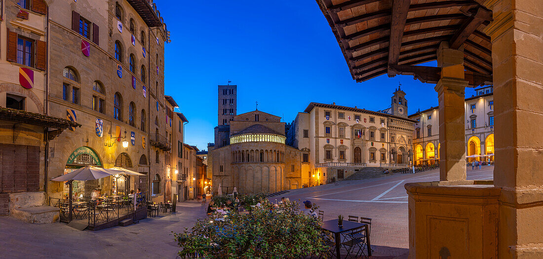 View of architecture in Piazza Grande at dusk, Arezzo, Province of Arezzo, Tuscany, Italy, Europe